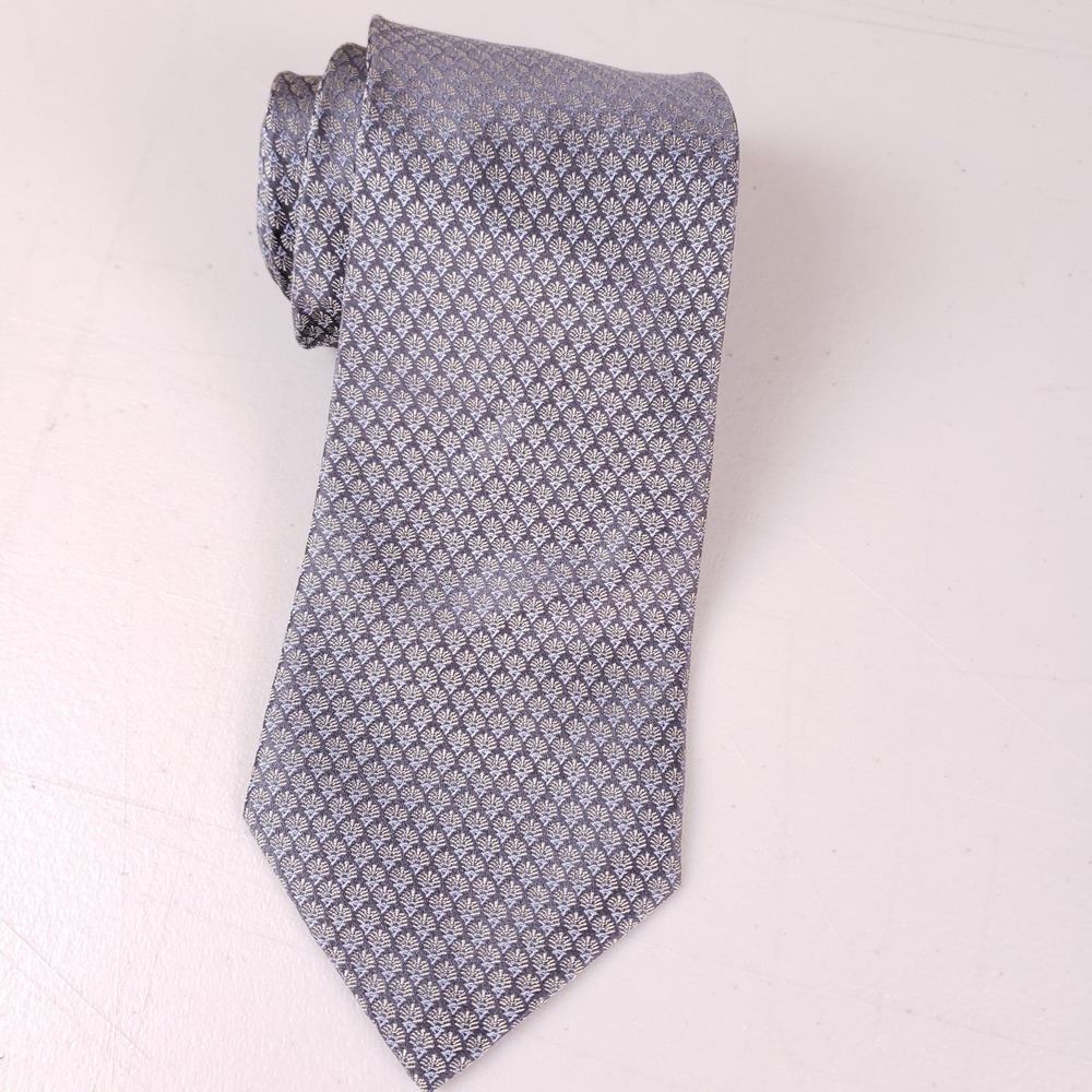 Calvin Klein Mens Tie Gray Blue Gold Geometric Silk Woven Jacquard Classic